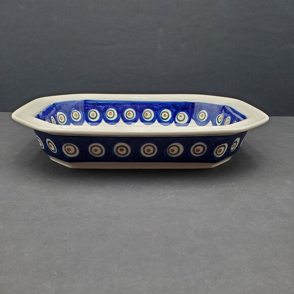 Polish Pottery Peacock Leaves 10" Baker Rectangular Octagonal BakingServing Dish - Picture 6 of 11